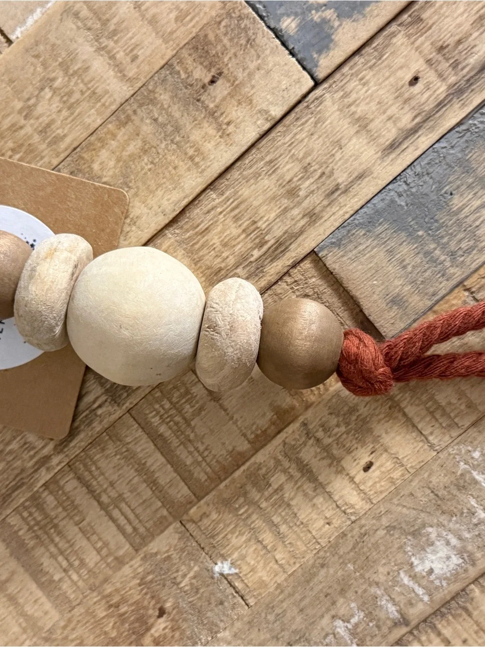 Handmade Boho Wood Bead & Vintage Brass Bell Keychain/Bag Charm- Natural/Rust